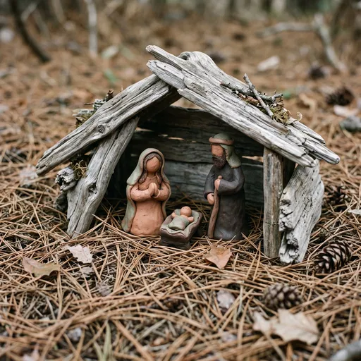 Clay and Driftwood Nativity Scene Outdoors