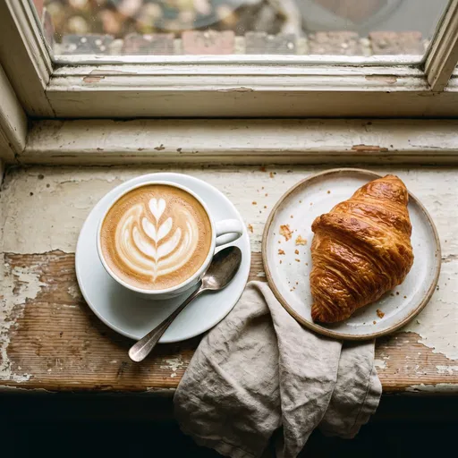 Latte and Croissant on Rustic Windowsill