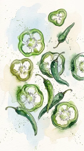 Watercolor Green Bell and Chili Peppers