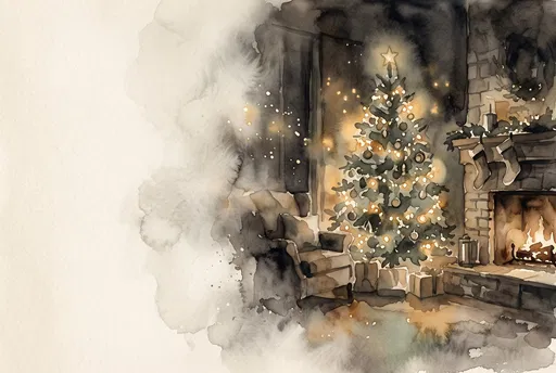 Watercolor Cozy Christmas Tree and Fireplace