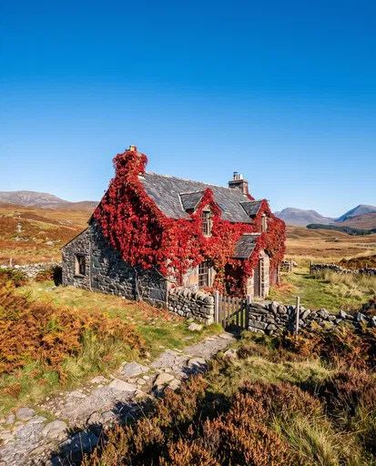 Stone Cottage with Red Autumn Ivy
