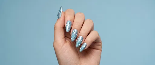 Blue Almond Nails With Water Droplets