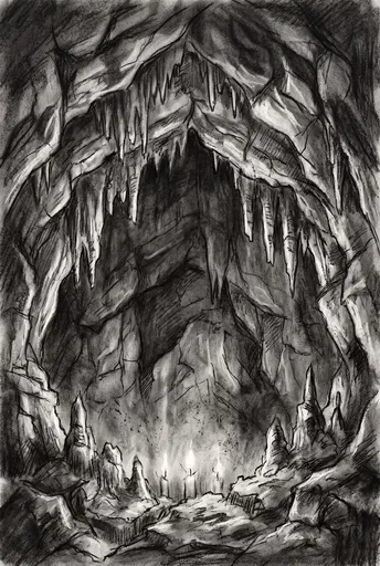 Charcoal Drawing of Candlelit Cave Mouth