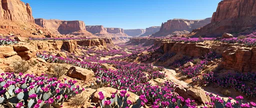 Desert Canyon With Blooming Magenta Cacti