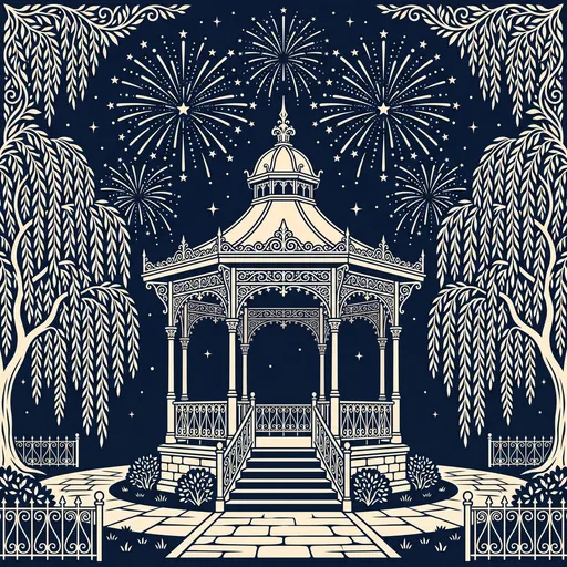 Vintage Park Bandstand With Fireworks Illustration