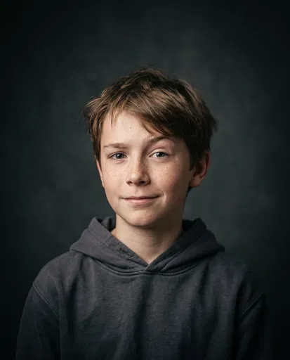 Studio Portrait of Freckled Boy in Hoodie
