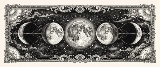 Ornate Ink Illustration of Lunar Phases