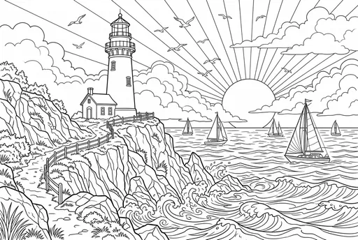 Coastal Lighthouse and Sailboats Coloring Page