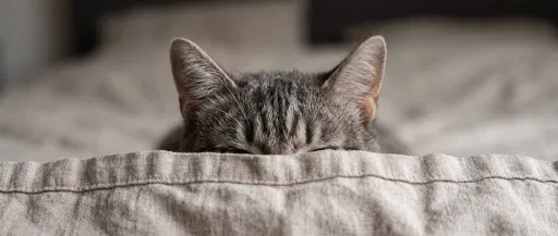 Tabby Cat Peeking Over Linen Duvet