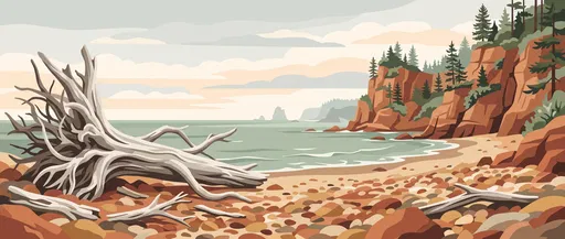 Pacific Northwest Driftwood Beach Vector Illustration