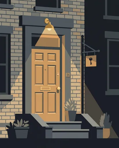 Illustrated Townhouse Entryway With Key Sign