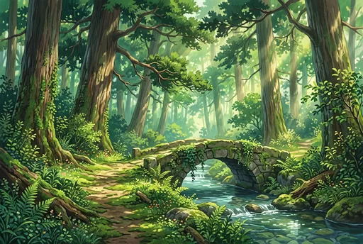 Sunlit Anime Forest Stone Bridge