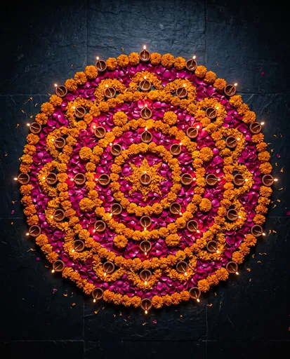Overhead Floral Diwali Rangoli with Diyas