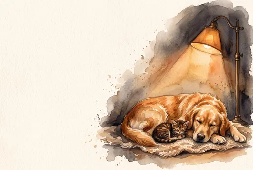 Watercolor Golden Retriever and Kitten Sleeping