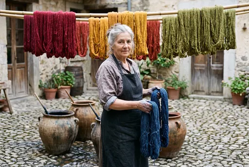 Woman Holding Indigo Yarn in Courtyard