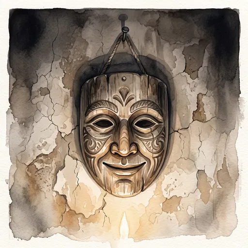 Watercolor Illustration of Smiling Wooden Mask