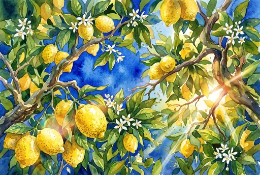 Watercolor Lemon Tree Canopy in Sunlight