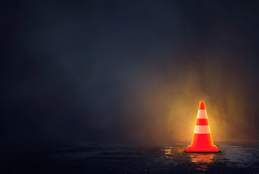 Glowing Traffic Cone on Dark Wet Ground
