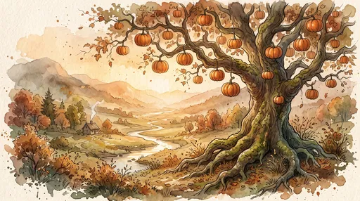 Watercolor Autumn Valley With Pumpkin Tree