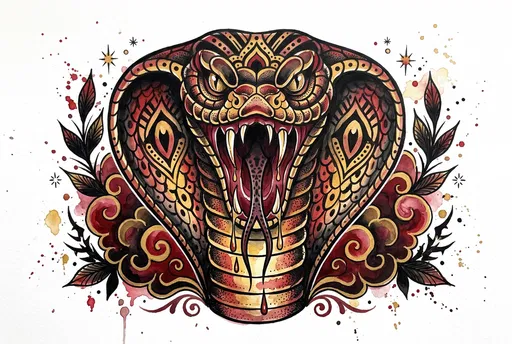 Tattoo Style King Cobra Watercolor Illustration