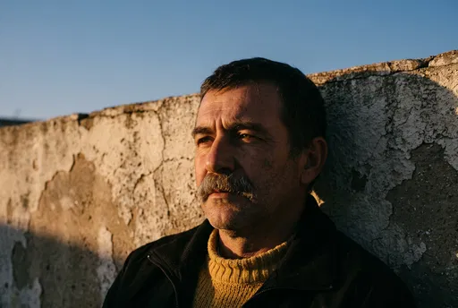 Mustachioed Man Against Weathered Wall
