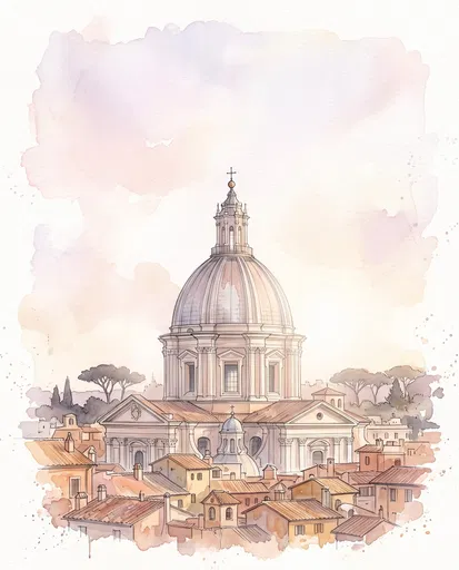 Watercolor Illustration of Roman Baroque Church Dome
