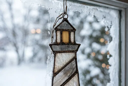 Stained Glass Lighthouse Ornament in Frosted Window