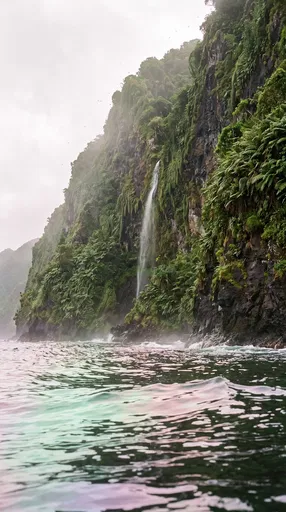 Lush Tropical Sea Cliff With Waterfall