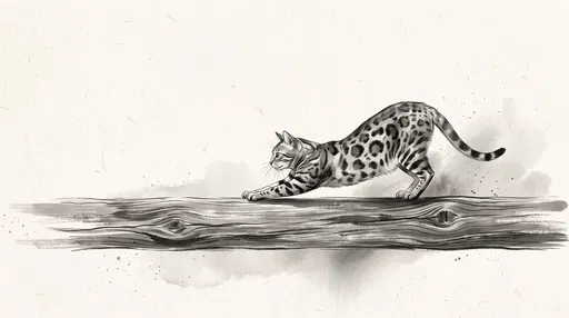 Ink Wash Bengal Cat Stretching on Beam
