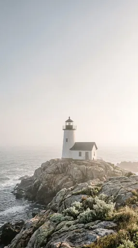 White Lighthouse on Misty Rocky Coast