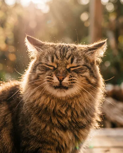 Fluffy Brown Tabby Cat Sneezing in Sunlight