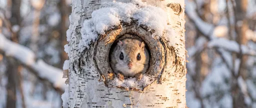 Flying Squirrel in Snowy Birch Tree