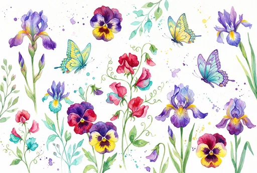Watercolor Spring Flowers and Butterflies Illustration