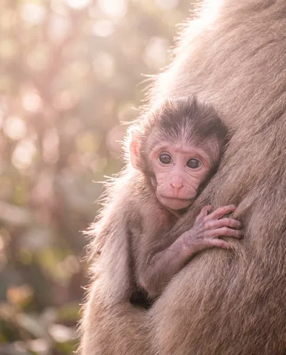 Baby Macaque Clinging to Mother