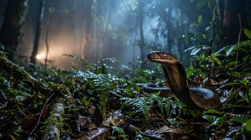 King Cobra in Misty Night Forest