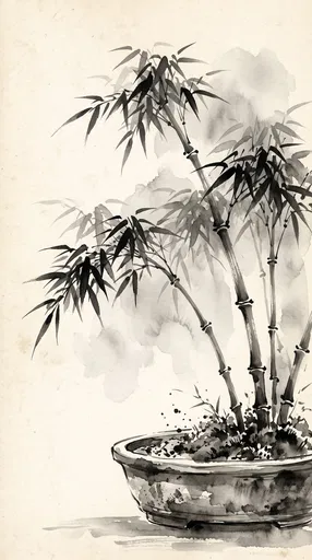 Sumi-e Ink Potted Bamboo Bonsai Illustration