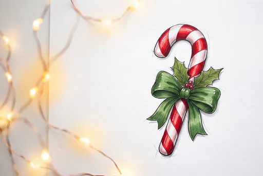Hand-Drawn Candy Cane With Fairy Lights