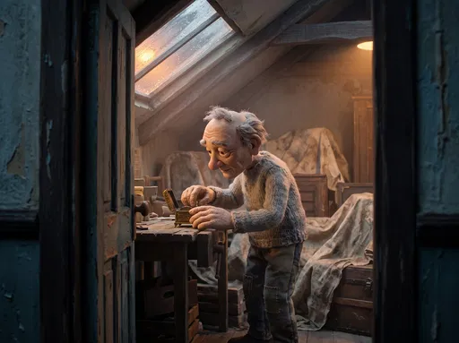 Claymation Old Man in Attic with Box
