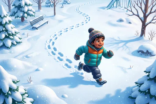 Cartoon Boy Running in Snowy Park