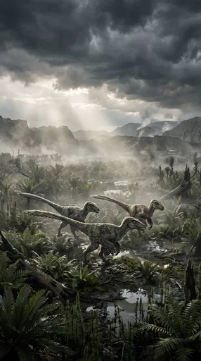 Feathered Deinonychus Pack in Prehistoric Swamp