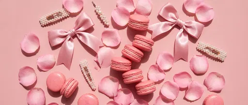 Pink Macarons Bows and Rose Petals Flat Lay