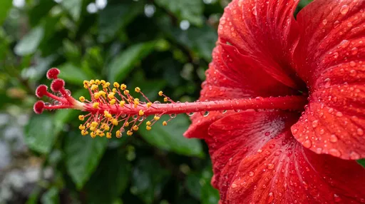 Macro Red Hibiscus Flower With Raindrops