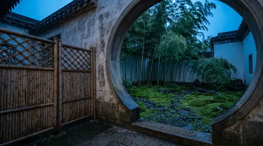Traditional Chinese Moon Gate Courtyard at Twilight