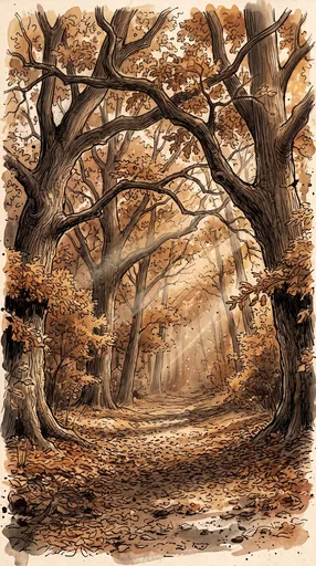 Autumn Forest Path Ink Wash Illustration