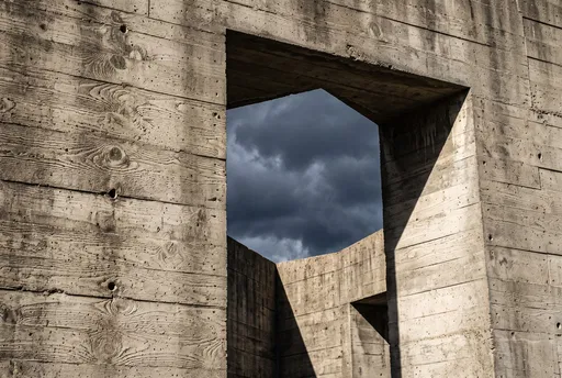 Brutalist Board-Formed Concrete Portal and Stormy Sky