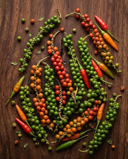 Fresh Peppercorns and Chilies Flat Lay
