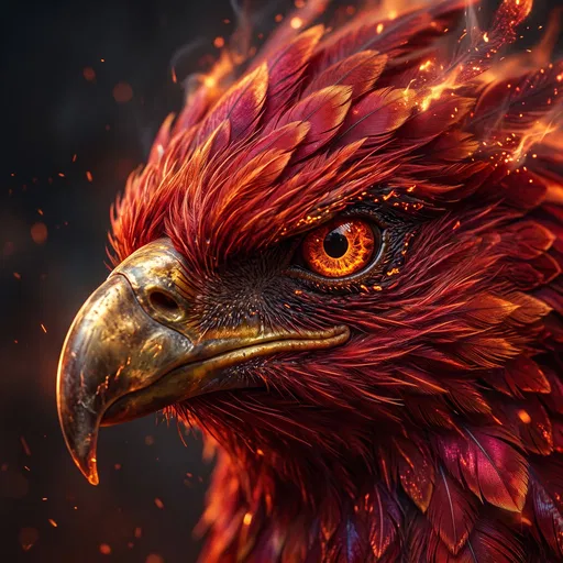 Fiery Crimson Phoenix Head Close-Up Portrait