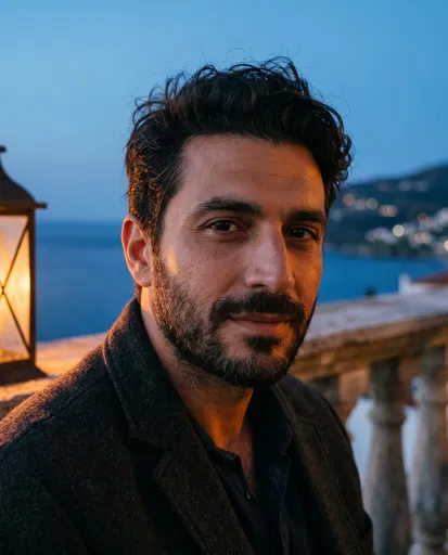 Bearded Man on Coastal Balcony at Dusk