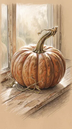 Colored Pencil Pumpkin Drawing on Windowsill