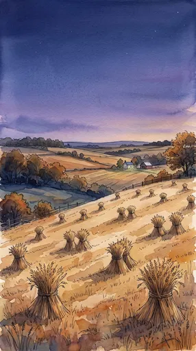 Watercolor Twilight Farmland with Bundled Wheat Sheaves